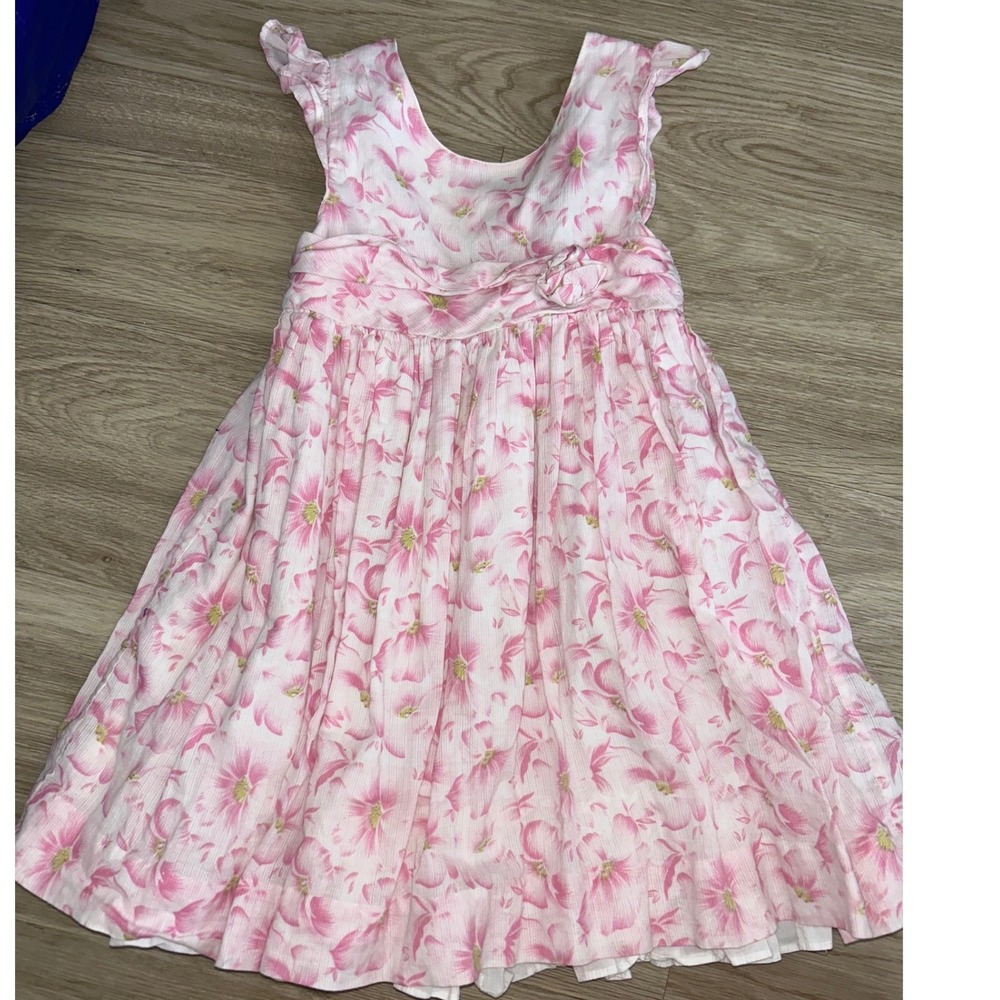 Ralph‎ Lauren Girls Pink Floral Lily Cotton Ruffle Dress Size 5 Rosette Accent